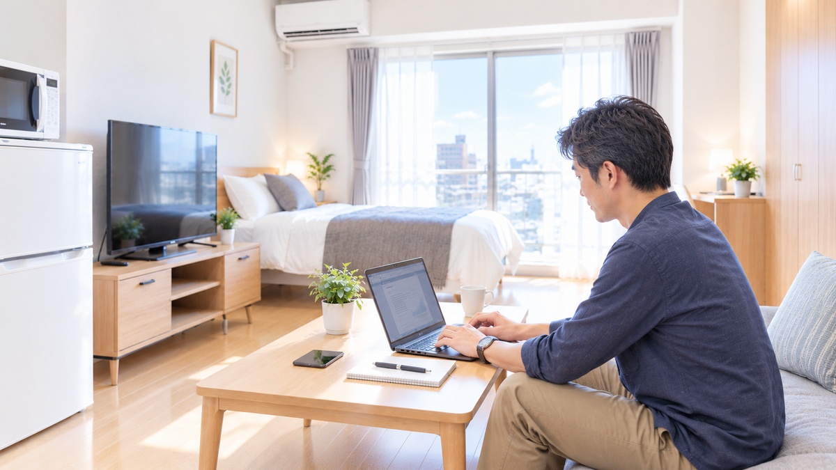 家具家電が完備された快適なマンスリーマンション室内